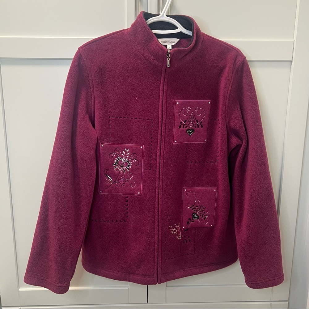 NORTHERN REFLECTIONS Embroidered Cottagecore Floral Thick Fleece Jacket |Maroon